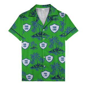 shield logo palm tree island scene navy blue hawaiian shirt for men