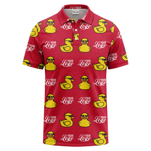 sunglasses rubber duck repeat pattern black yellow fun cartoon golf polo shirt