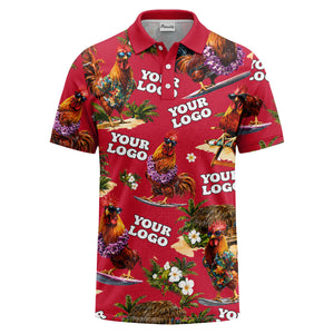 surfing roosters surfboards lei palm trees photorealistic polo shirt