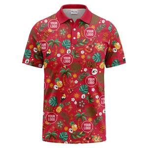tiki masks palm trees ukuleles watercolor print polo shirt for men