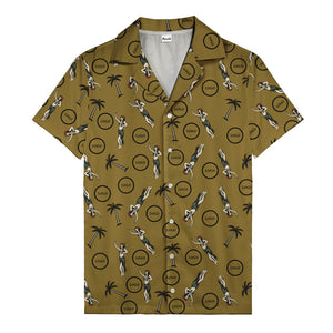 vintage hula dancers palm trees circular logo black hawaiian shirt for men