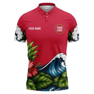 watercolor ocean wave palm leaf hibiscus floral navy blue polo shirt for men