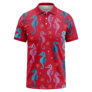 watercolor seahorse repeat marine life polo shirt in pink blue