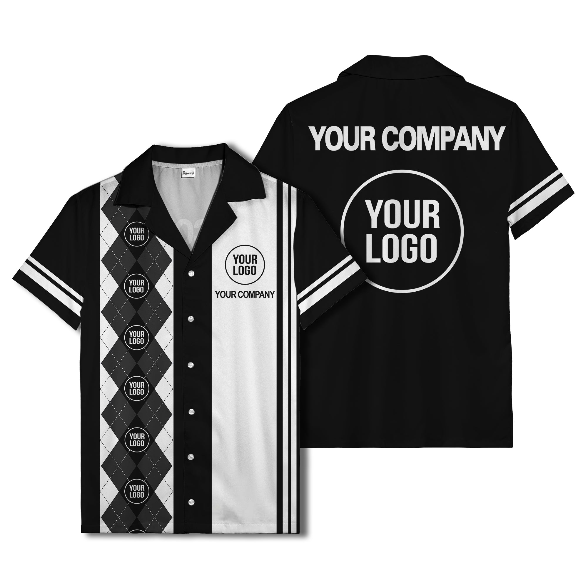 black white argyle stripes & custom logos golf hawaiian shirt