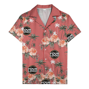 coral pink hibiscus & palm trees on black hawaiian shirt for men
