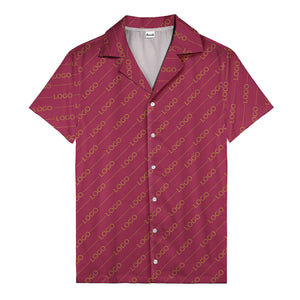 gold diagonal logo repeat pattern on black hawaiian shirt for men