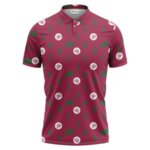illustrated golfers golf carts repeating on green polo shirt for weekend fairway fun