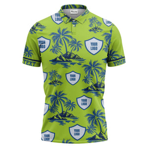 island oasis palm trees & shield logos navy blue tropical polo shirt