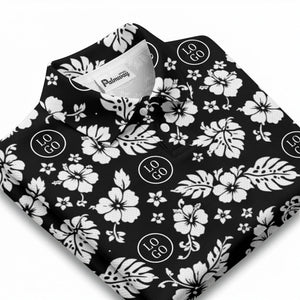 monochrome hawaiian hibiscus flowers & leaves repeat pattern polo shirt
