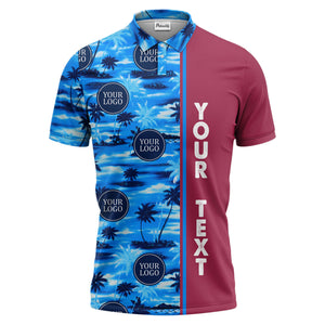 oceanic palm trees & circular logo repeat navy blue tropical beach polo shirt
