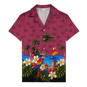 parrot paradise palm trees plumeria beach scene hawaiian shirt