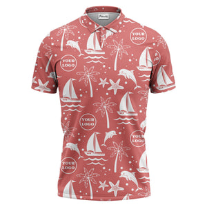 sailboats dolphins palm trees starfish repeat pattern black white polo shirt