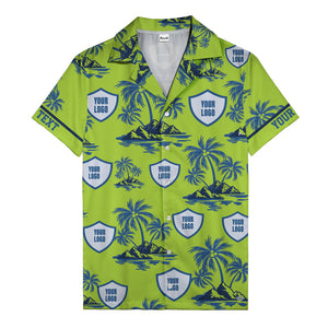 shield logo palm tree island scene navy blue hawaiian shirt for men