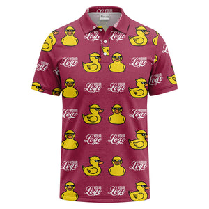 sunglasses rubber duck repeat pattern black yellow fun cartoon golf polo shirt