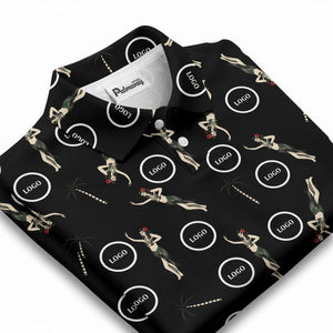 vintage hula dancers & palm trees black hawaiian polo shirt for men