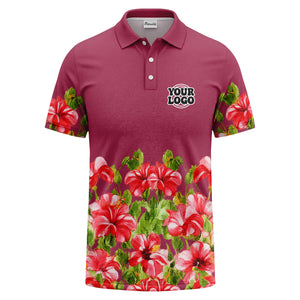 watercolor hibiscus & emerald leaf tropical polo shirt for men