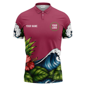 watercolor ocean wave palm leaf hibiscus floral navy blue polo shirt for men