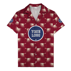 art deco crane silhouette logo beige navy hawaiian shirt