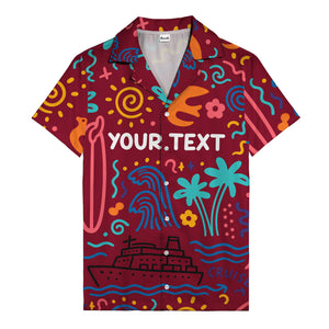 cartoon cruise ship palm trees surfboards wave hawaiian shirt