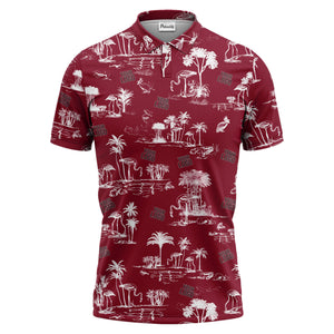 flamingo oasis palm trees sketch pattern black white polo shirt for men
