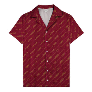 gold diagonal logo repeat pattern on black hawaiian shirt for men