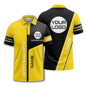 hexagonal grid garage name logo modern automotive polo shirt