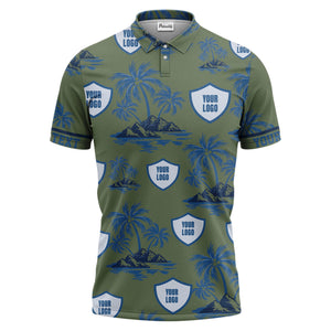 island oasis palm trees & shield logos navy blue tropical polo shirt
