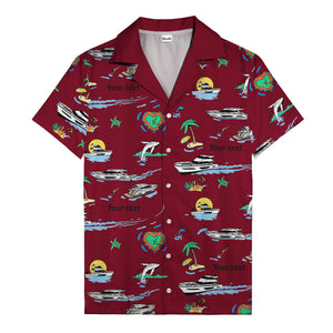 luxury yacht & heart-shaped island cartoon hawaiian shirt