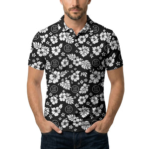 monochrome hawaiian hibiscus flowers & leaves repeat pattern polo shirt