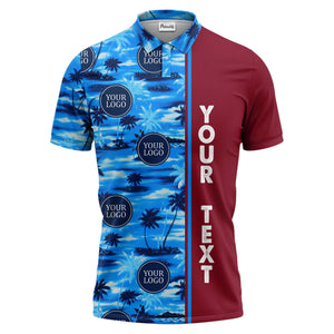 oceanic palm trees & circular logo repeat navy blue tropical beach polo shirt