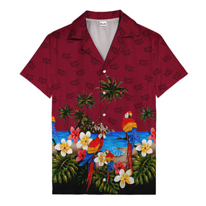 parrot paradise palm trees plumeria beach scene hawaiian shirt