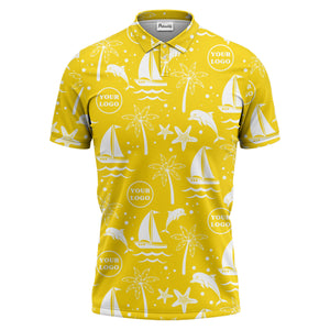 sailboats dolphins palm trees starfish repeat pattern black white polo shirt
