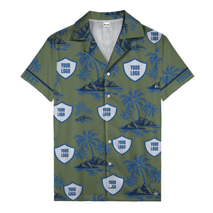shield logo palm tree island scene navy blue hawaiian shirt for men