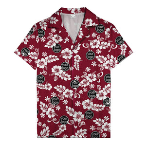 watercolor hibiscus blooms & custom logo navy blue hawaiian shirt