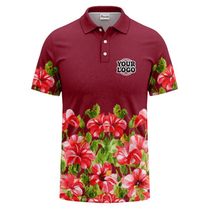 watercolor hibiscus & emerald leaf tropical polo shirt for men