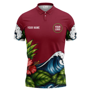 watercolor ocean wave palm leaf hibiscus floral navy blue polo shirt for men