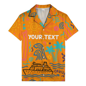 cartoon cruise ship palm trees surfboards wave hawaiian shirt