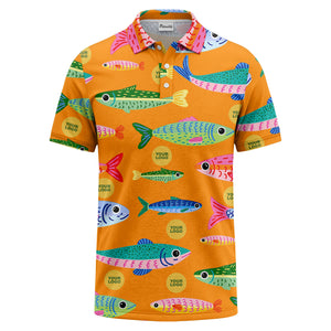 colorful cartoon fish & custom logo repeat all-over print polo shirt