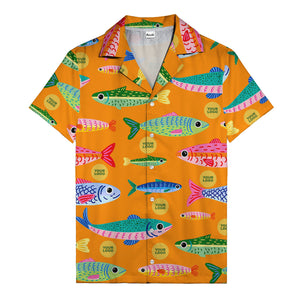colorful cartoon fish & gold circle logo hawaiian shirt for men