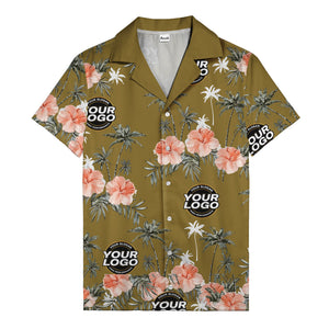 coral pink hibiscus & palm trees on black hawaiian shirt for men