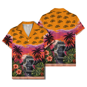 cruise ship sunset palm trees hibiscus flowers hawaiian shirt for men