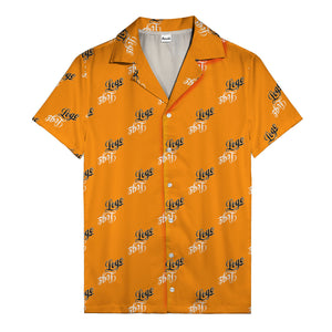 hand-drawn calligraphic script logo repeat black white hawaiian shirt for men
