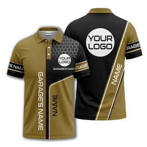 hexagonal grid garage name logo modern automotive polo shirt