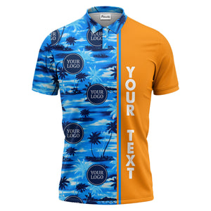 oceanic palm trees & circular logo repeat navy blue tropical beach polo shirt