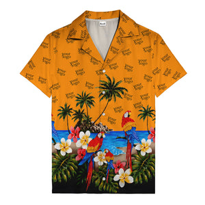 parrot paradise palm trees plumeria beach scene hawaiian shirt