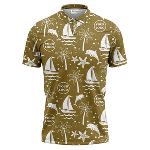 sailboats dolphins palm trees starfish repeat pattern black white polo shirt