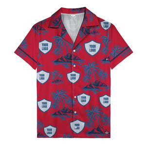 shield logo palm tree island scene navy blue hawaiian shirt for men