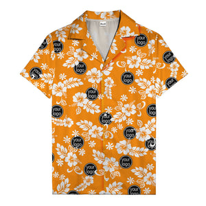 watercolor hibiscus blooms & custom logo navy blue hawaiian shirt