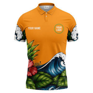 watercolor ocean wave palm leaf hibiscus floral navy blue polo shirt for men