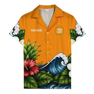 watercolor ocean waves hibiscus blooms palm leaf hawaiian shirt for men